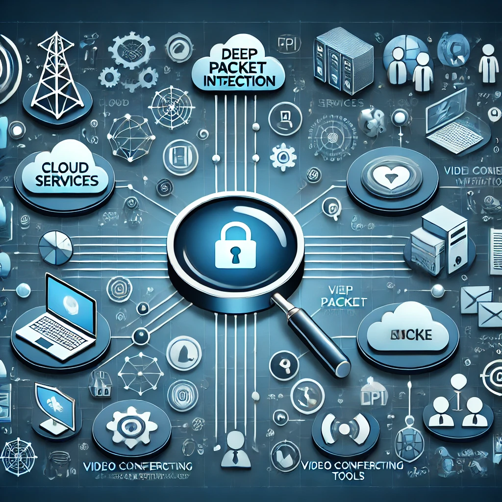 DALL·E 2024-11-14 13.34.49 - An infographic-style image illustrating the concept of Deep Packet Inspection (DPI) in a network environment. The image should show a network map with.webp